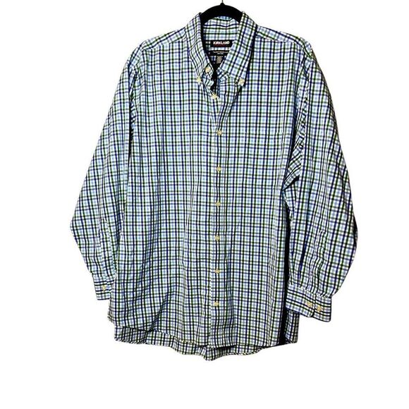 Kirkland Signature Dress Shirt Mens Blue/Green Stripe Non Iron Staple Cotton - Picture 1 of 2